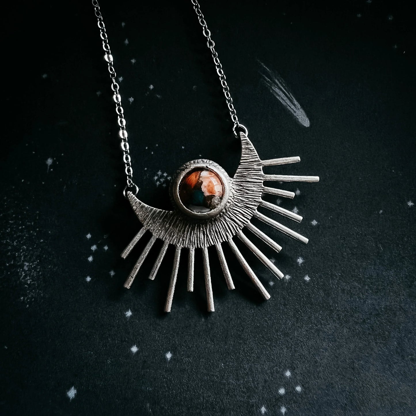 Sun Goddess Necklace - Sun Pendant with Copper Oyster Turquoise - minbolu -