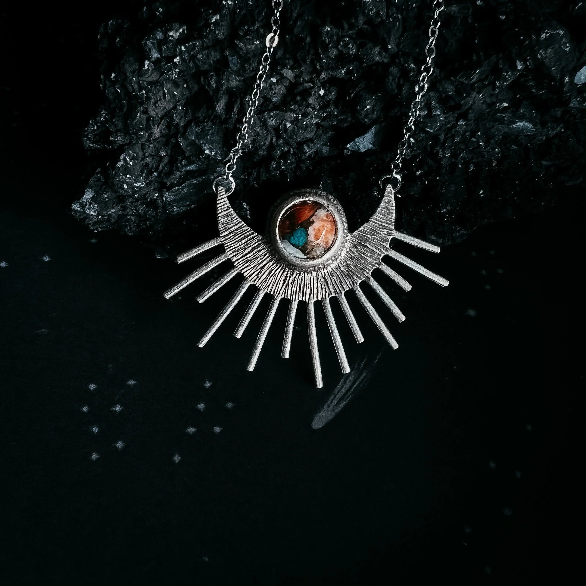 Sun Goddess Necklace - Sun Pendant with Copper Oyster Turquoise - minbolu -