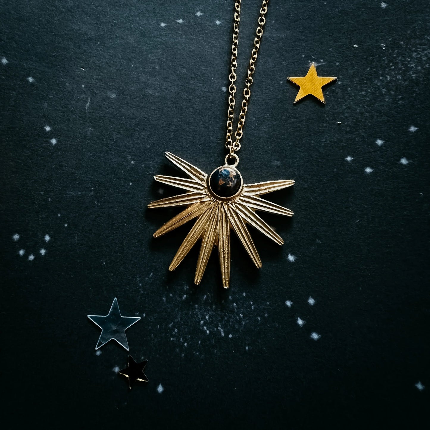 Dark Before the Dawn Sunburst Pendant Necklace with Copper Lapis Lazuli - minbolu -