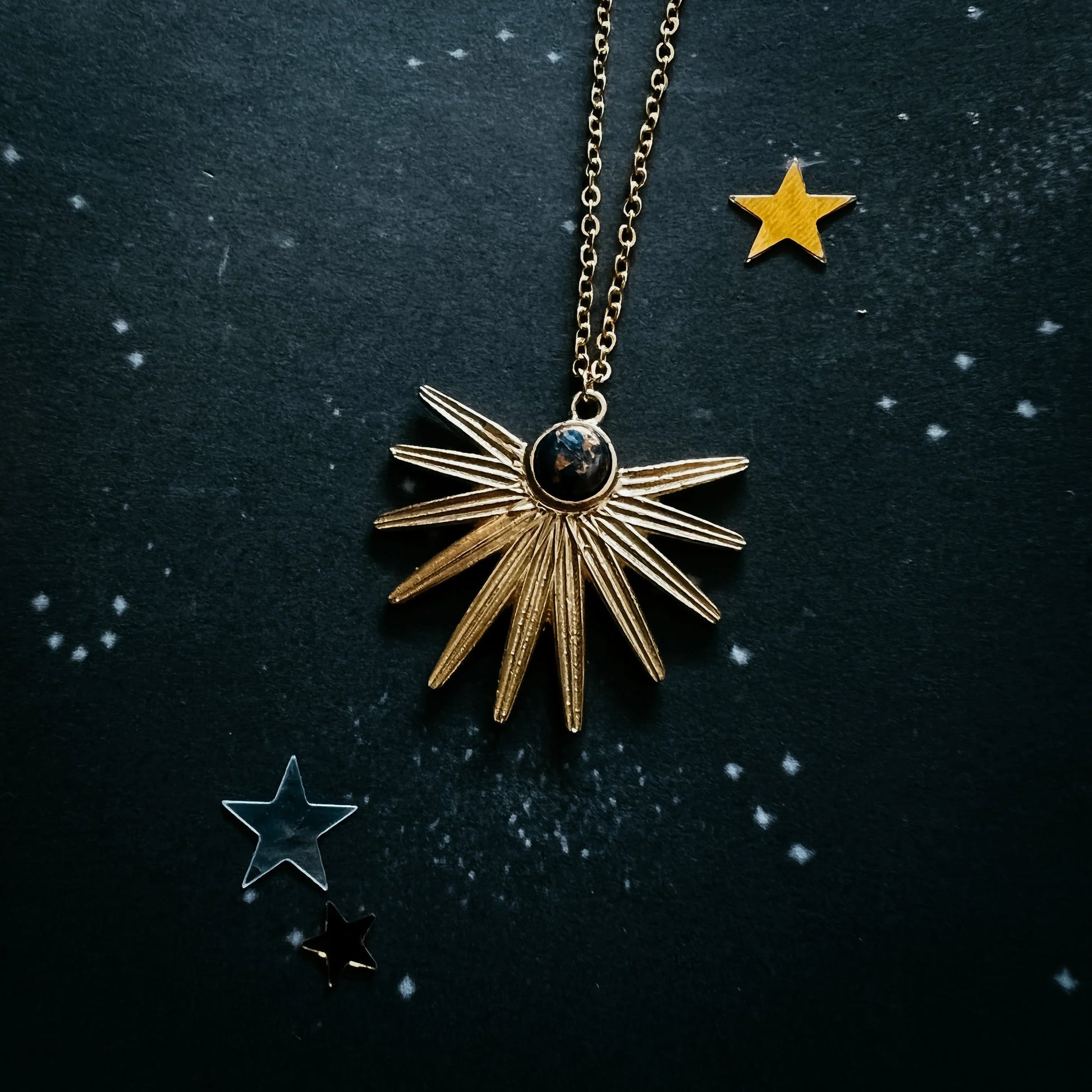 Dark Before the Dawn Sunburst Pendant Necklace with Copper Lapis Lazuli - minbolu -