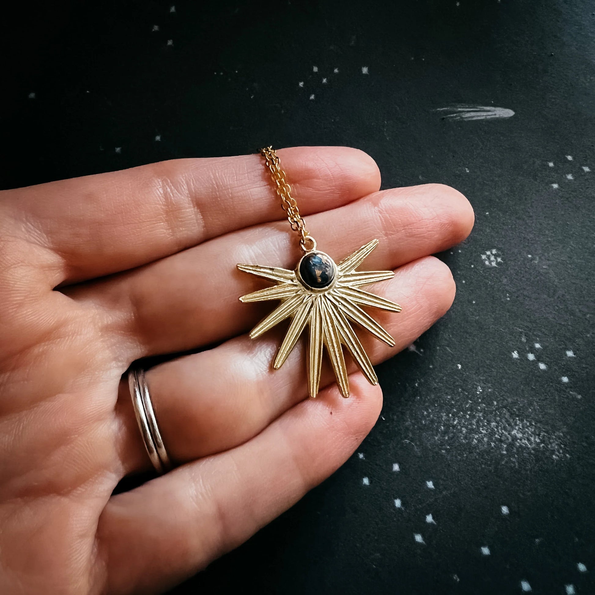 Dark Before the Dawn Sunburst Pendant Necklace with Copper Lapis Lazuli - minbolu -