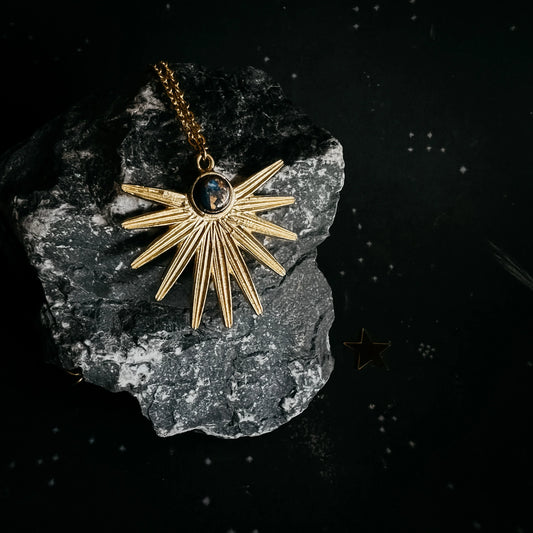 Dark Before the Dawn Sunburst Pendant Necklace with Copper Lapis Lazuli - minbolu -