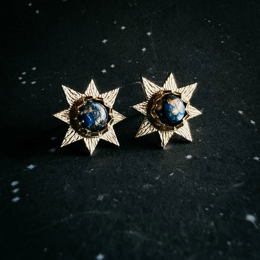 Dark Before the Dawn Sunburst Stud Earrings with Copper Lapis Lazuli - minbolu -