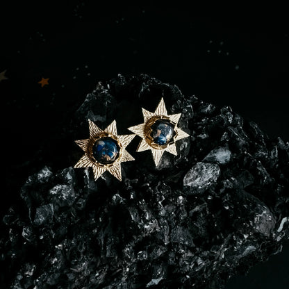 Dark Before the Dawn Sunburst Stud Earrings with Copper Lapis Lazuli - minbolu -
