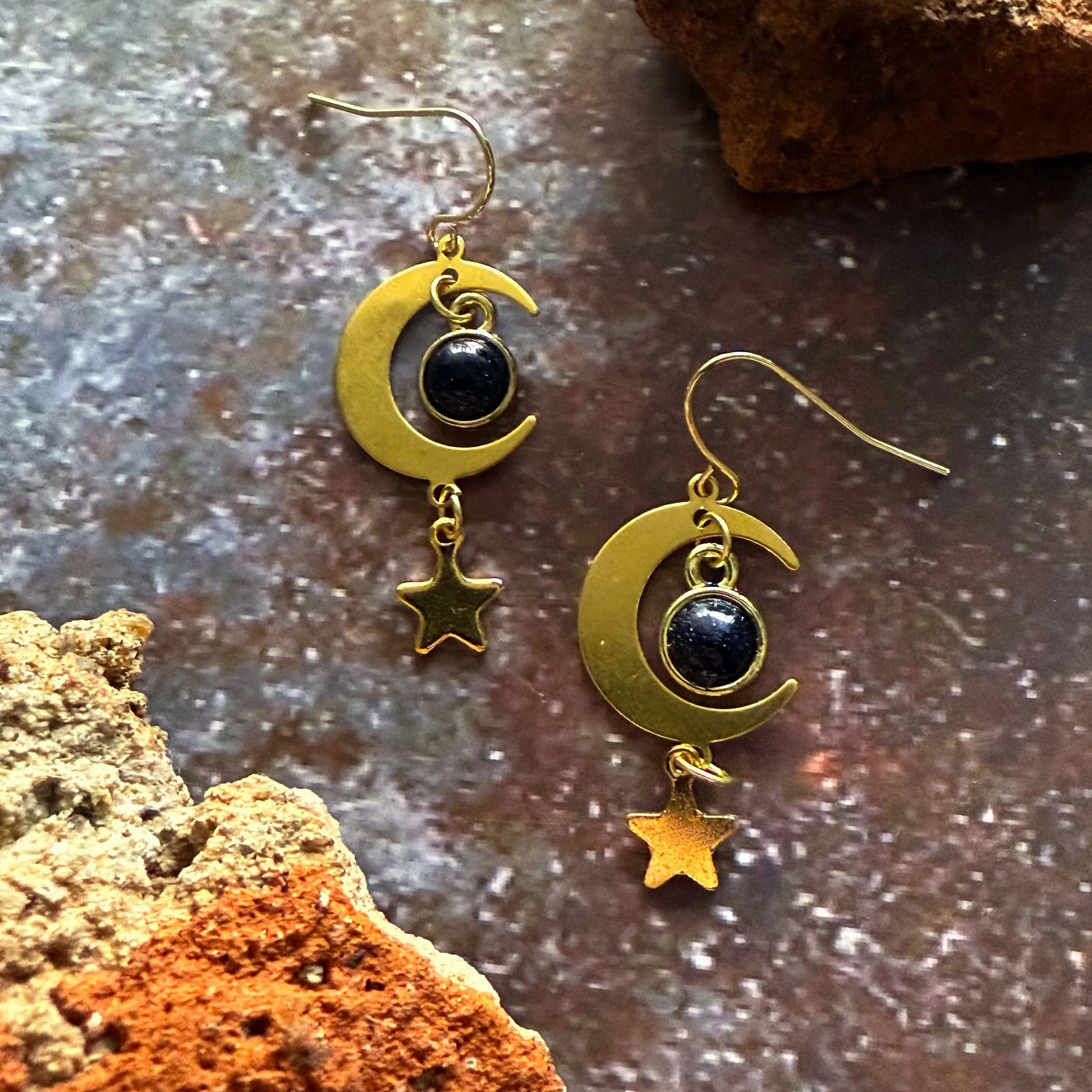 Starlit Crescent Earrings with Blue Sandstone - minbolu -
