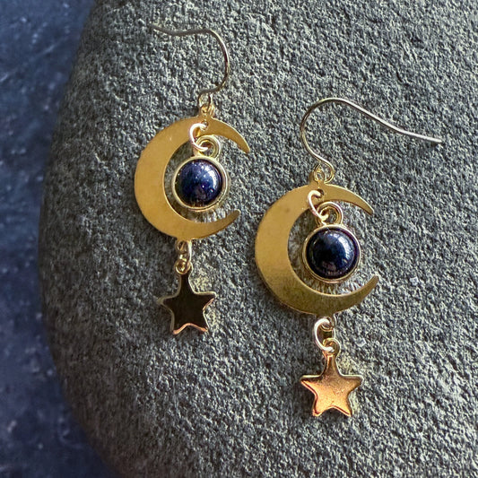 Starlit Crescent Earrings with Blue Sandstone - minbolu -