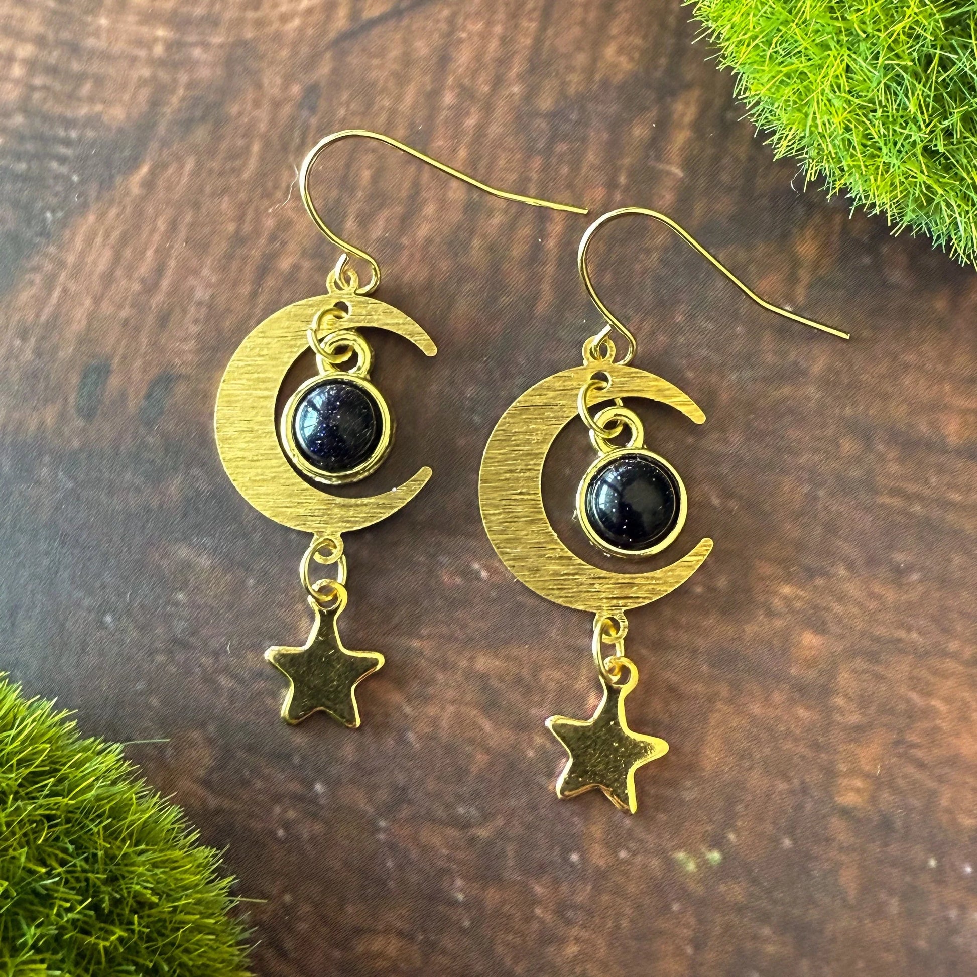 Starlit Crescent Earrings with Blue Sandstone - minbolu -