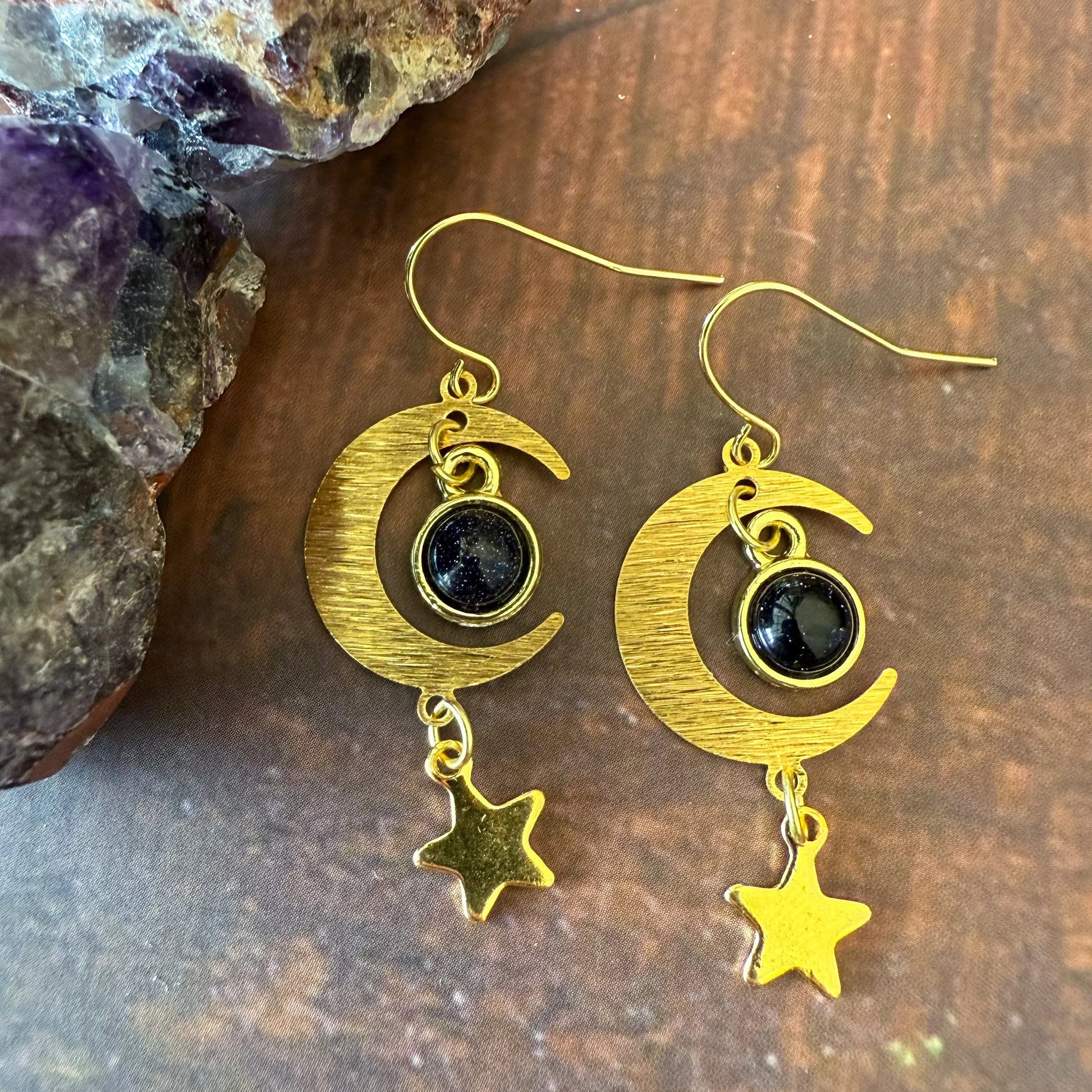 Starlit Crescent Earrings with Blue Sandstone - minbolu -