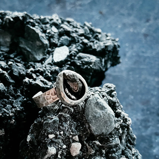 Chunky Teardrop Raw Meteorite Ring in Silver - minbolu -
