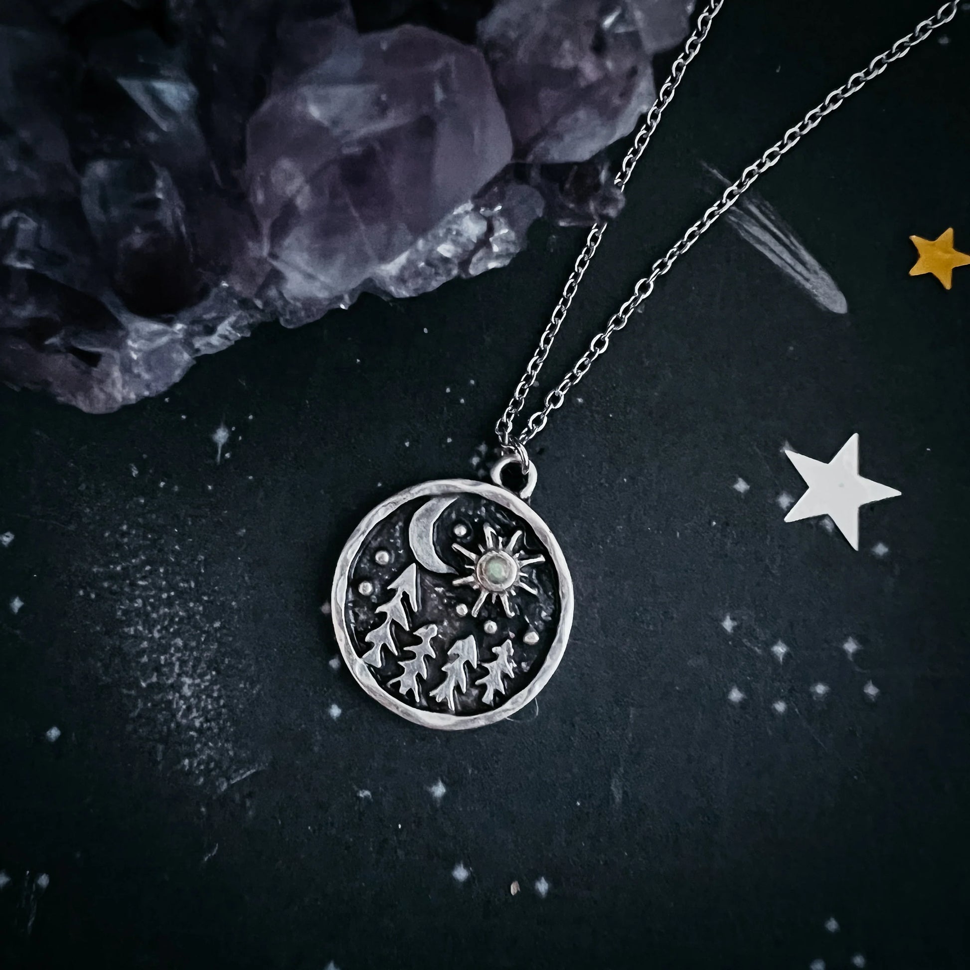 Starry Forest Night Pendant Necklace with Opal - minbolu -