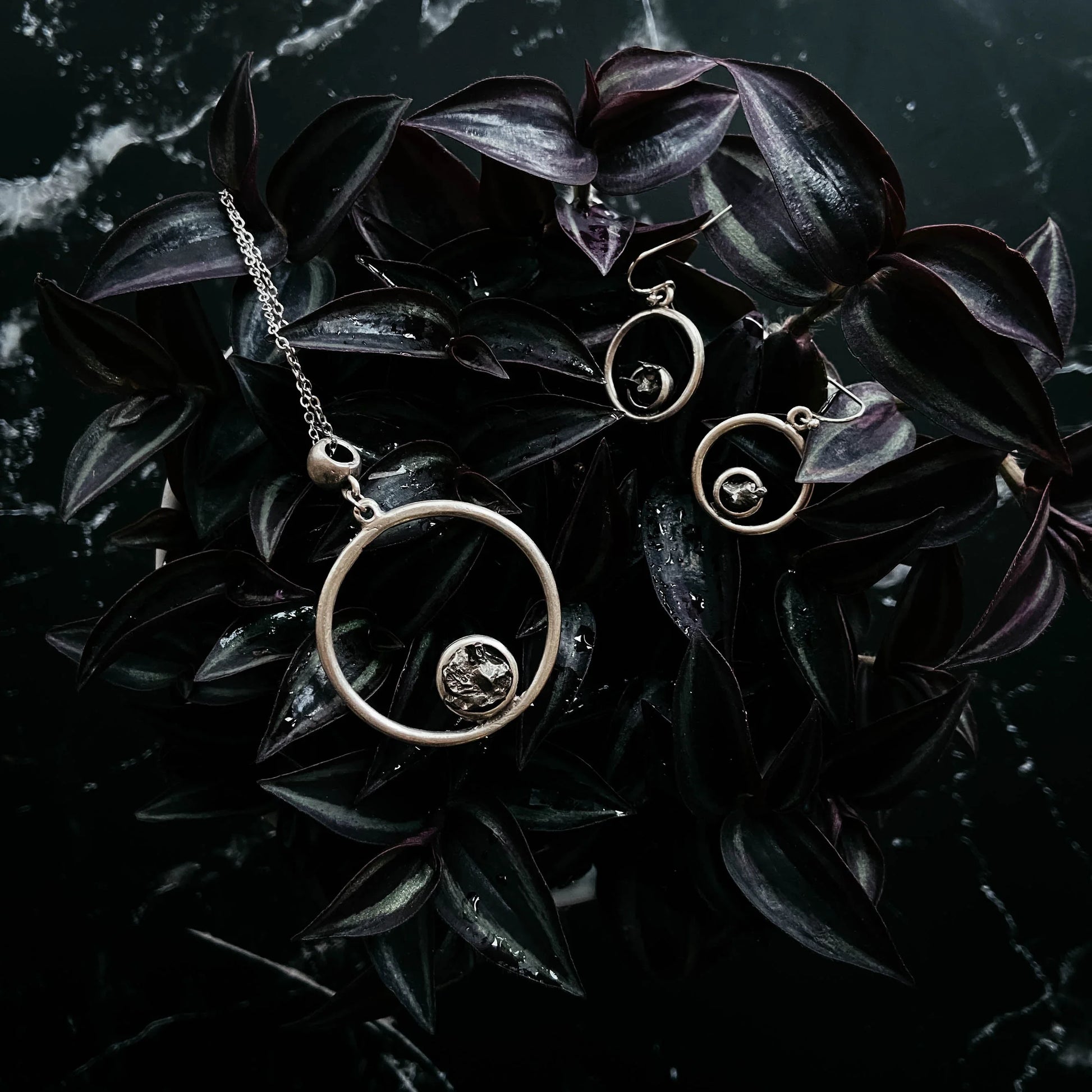 Meteorite Jewelry Set - Circle Necklace and Earrings - minbolu -
