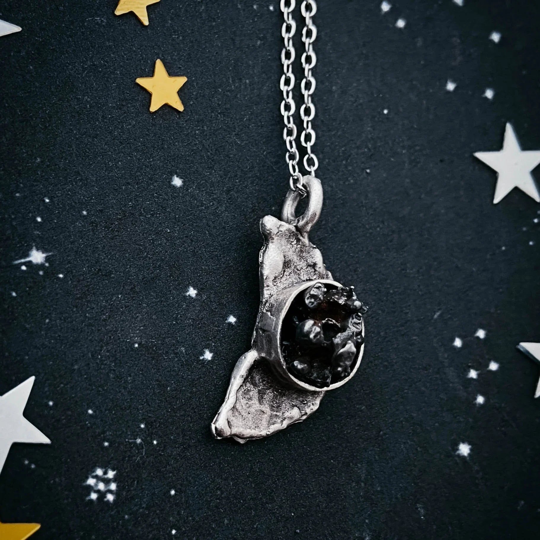 Crescent Moon Necklace with Authentic Meteorite - minbolu -