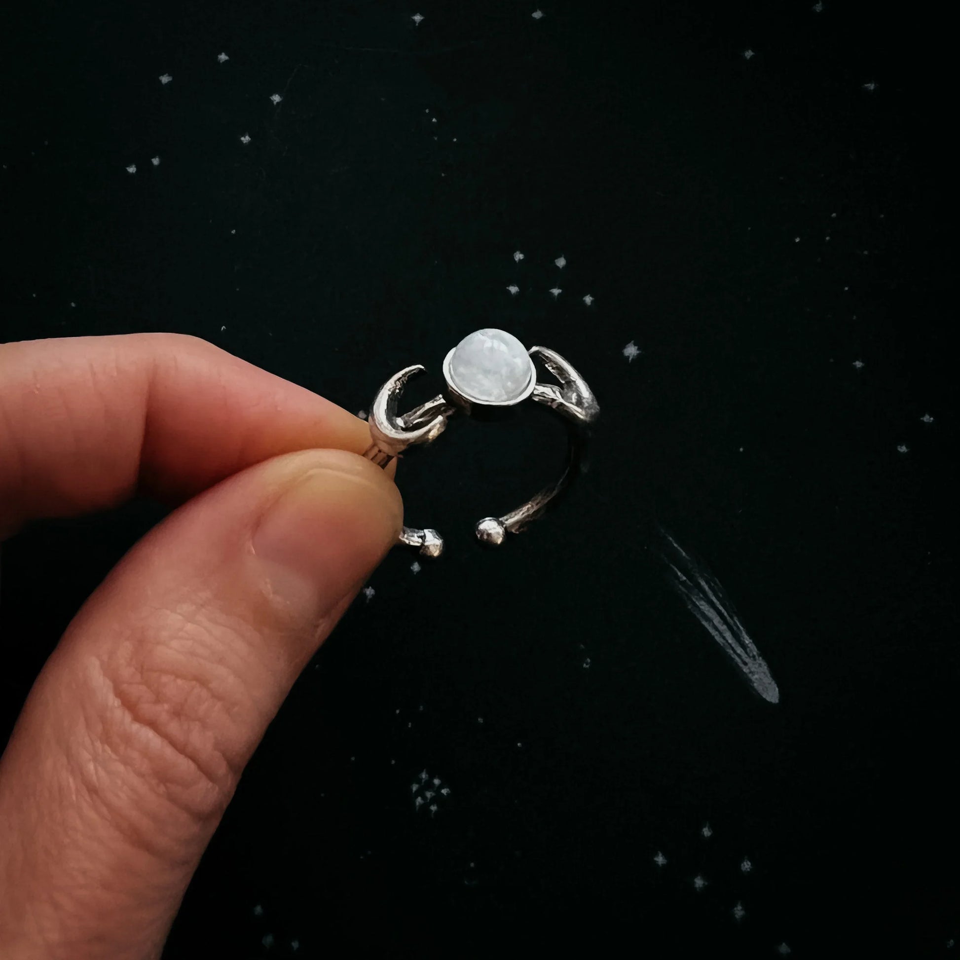 Lunar Witch Crescent Moon Ring with Rainbow Moonstone - minbolu -