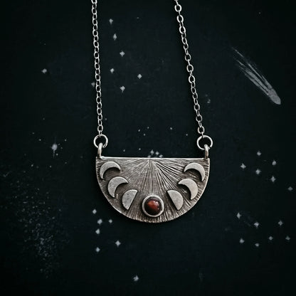 Lunar Eclipse Half Circle Pendant Necklace with Moon Phases and Black Opal - minbolu -