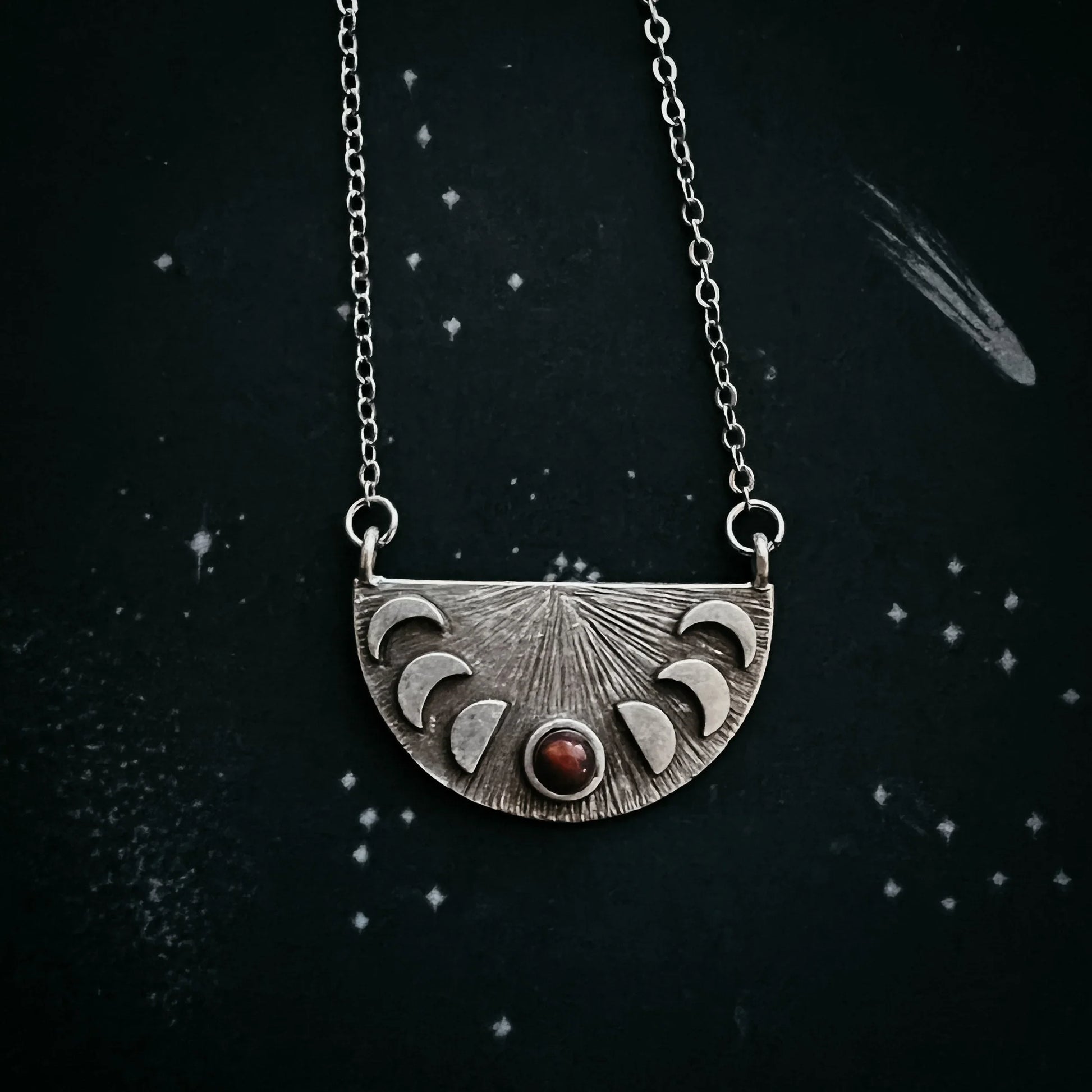 Lunar Eclipse Half Circle Pendant Necklace with Moon Phases and Black Opal - minbolu -