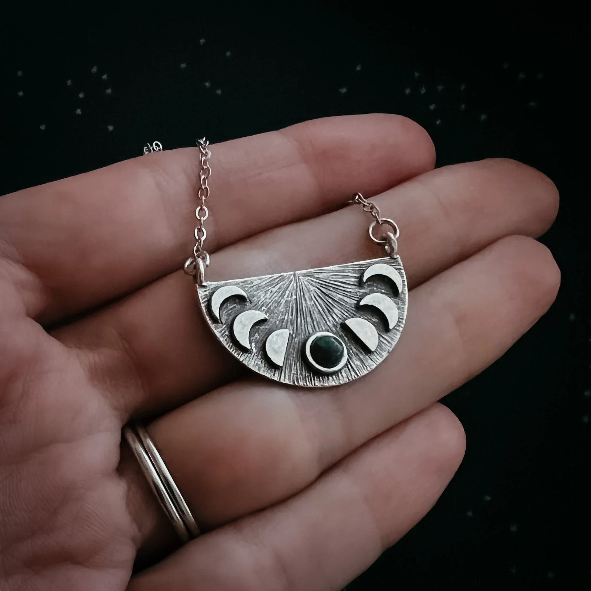 Lunar Eclipse Half Circle Pendant Necklace with Moon Phases and Black Opal - minbolu -