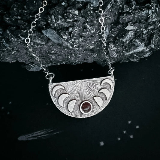 Lunar Eclipse Half Circle Pendant Necklace with Moon Phases and Black Opal - minbolu -