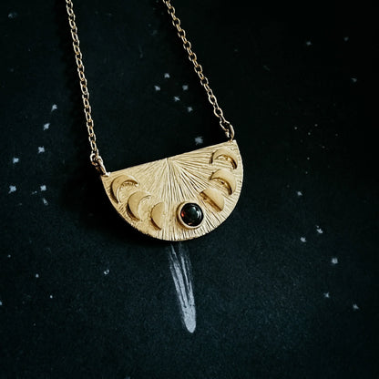 Lunar Eclipse Half Circle Pendant Necklace with Moon Phases and Black Opal - minbolu -
