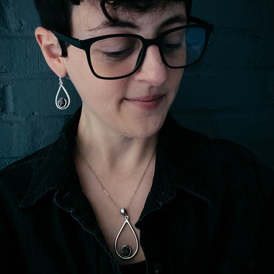 Meteorite Jewelry Set - Teardrop Necklace and Earrings - minbolu -