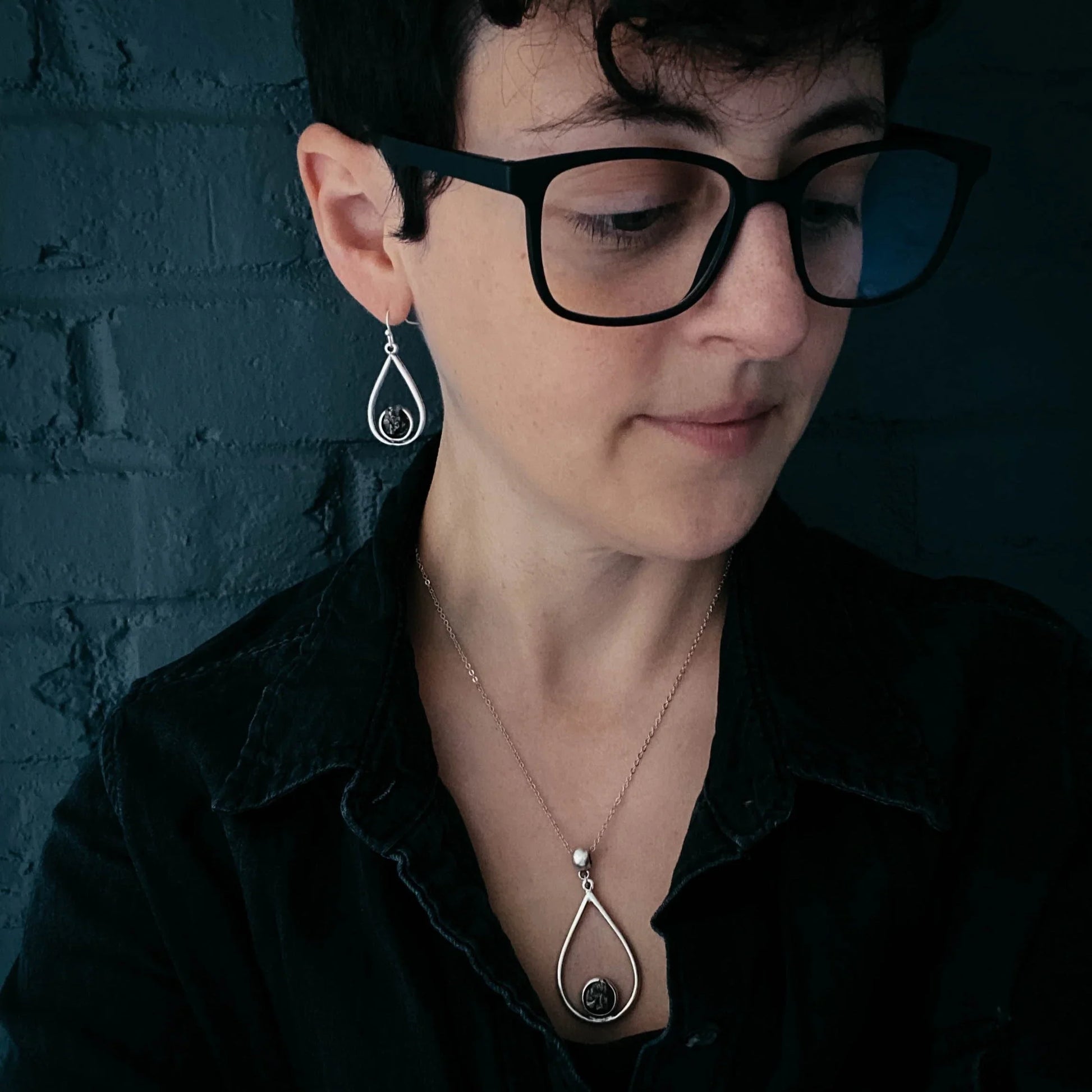 Meteorite Jewelry Set - Teardrop Necklace and Earrings - minbolu -