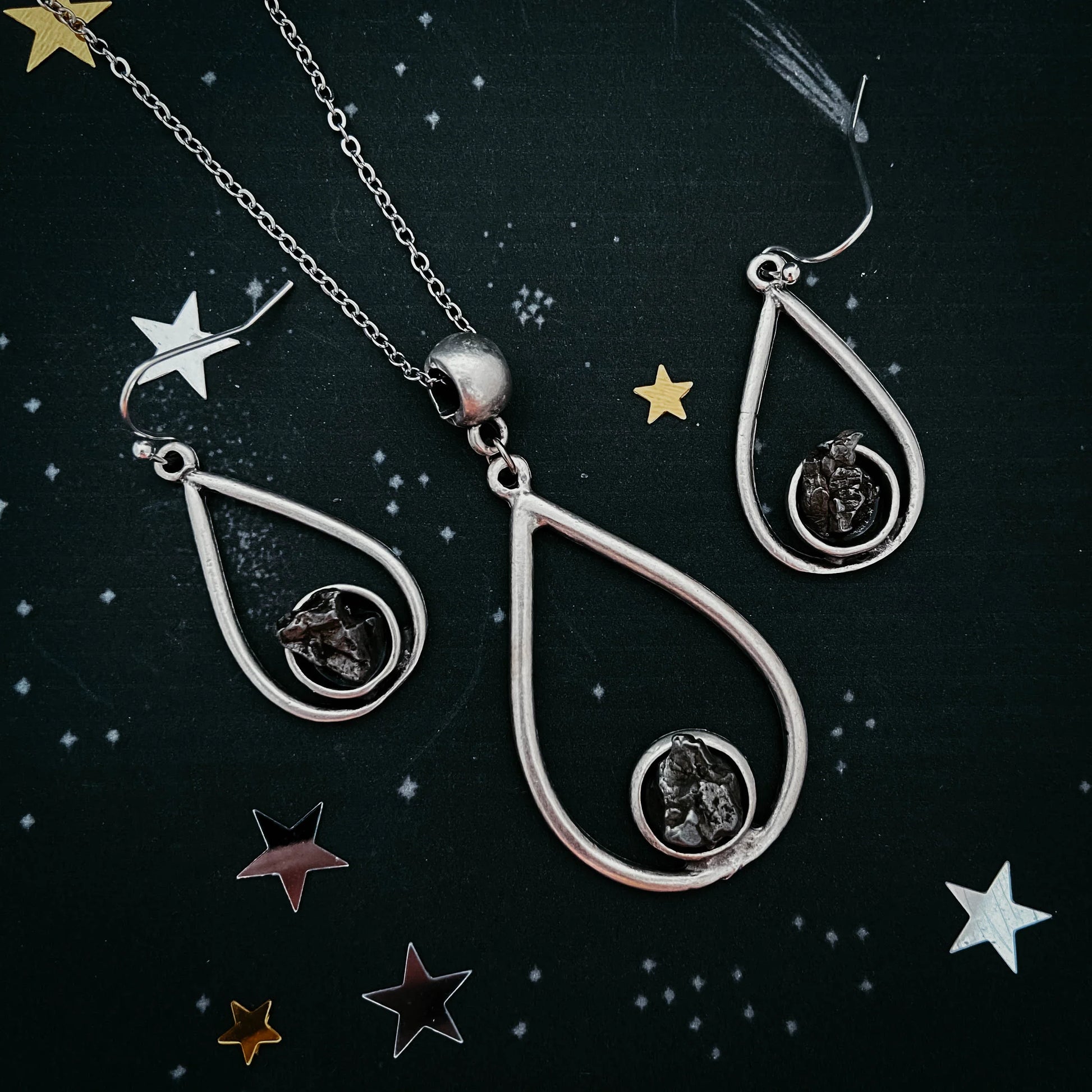 Meteorite Jewelry Set - Teardrop Necklace and Earrings - minbolu -