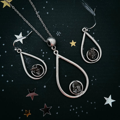 Meteorite Jewelry Set - Teardrop Necklace and Earrings - minbolu -