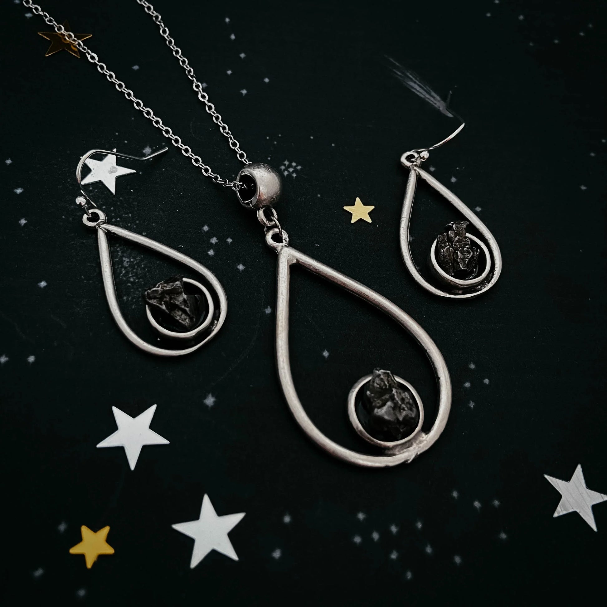 Meteorite Jewelry Set - Teardrop Necklace and Earrings - minbolu -