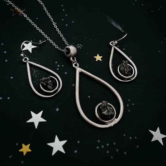 Meteorite Jewelry Set - Teardrop Necklace and Earrings - minbolu -