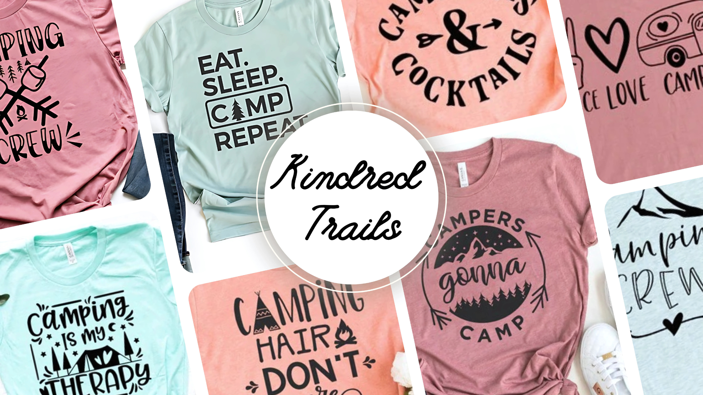 Banner image showing multiple camping themed t-shirts in various colors