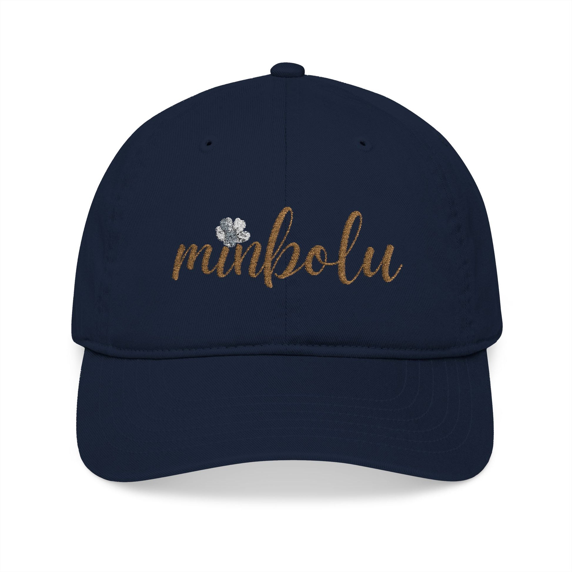 Navy blue cap with 'minbolu' embroidered in gold on a white background