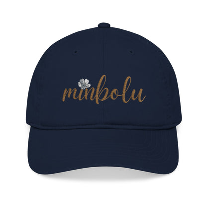 Navy blue cap with 'minbolu' embroidered in gold on a white background