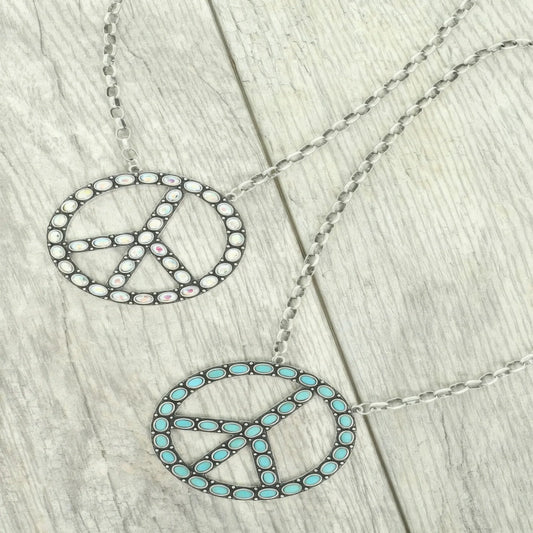 Western Jeweled Peace Sign Pendant Necklace | Boho Peace Necklace - minbolu -