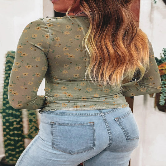 Laurel Green Floral Print Mesh Slim Fit Long Sleeve Top - minbolu -