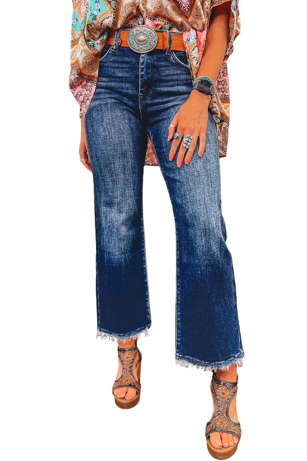 Sail Blue Mineral Wash Raw Hem High Waist Flared Jeans - minbolu -
