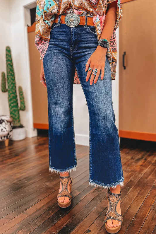 Sail Blue Mineral Wash Raw Hem High Waist Flared Jeans - minbolu -