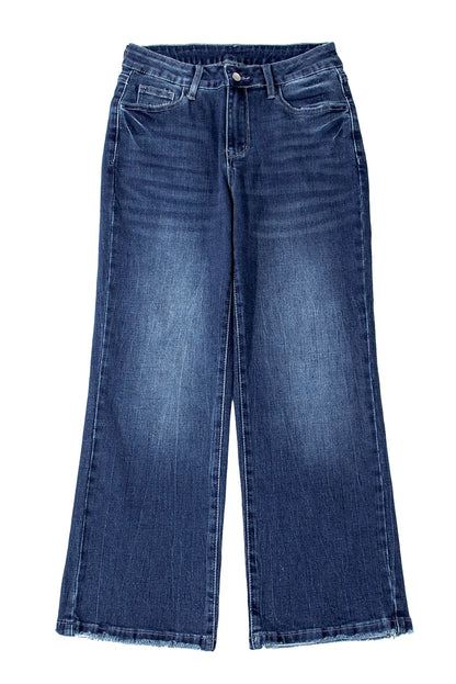 Sail Blue Mineral Wash Raw Hem High Waist Flared Jeans - minbolu -