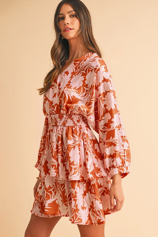Brown Floral Puff Sleeve Shirred Waist Layered Dress - minbolu -