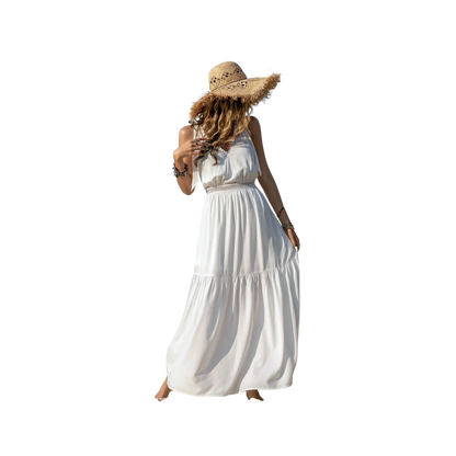 Boho V-Neck Crochet Maxi Dress White - minbolu -