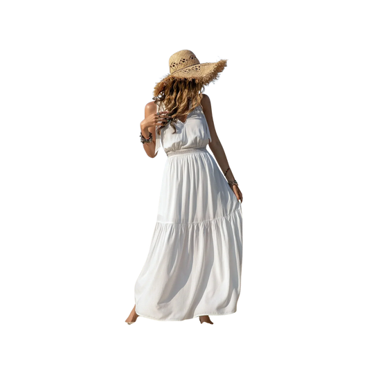 Boho V-Neck Crochet Maxi Dress White - minbolu -