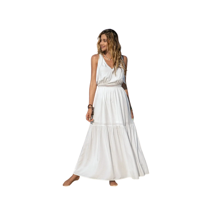 Boho V-Neck Crochet Maxi Dress White - minbolu -