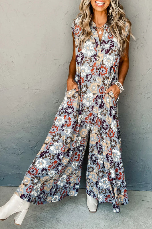 Sky Blue Floral Sleeveless Pocketed Wide Leg Jumpsuit - minbolu -