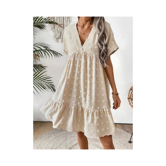 Women's Swiss Dot Mini Dress with Ruffled Hem - Beige Polyester
