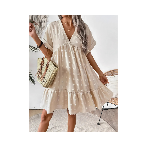 Women's Swiss Dot Mini Dress with Ruffled Hem - Beige Polyester