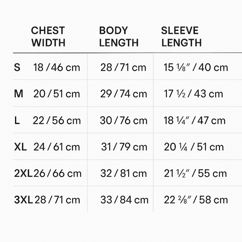Size Chart - Unisex T-Shirt Measurements