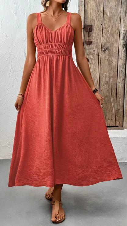Boho Midi Cami Dress with Wide Straps - minbolu -