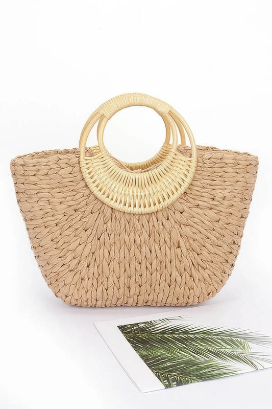 Faux Straw Bamboo Handle Tote Bag - minbolu -
