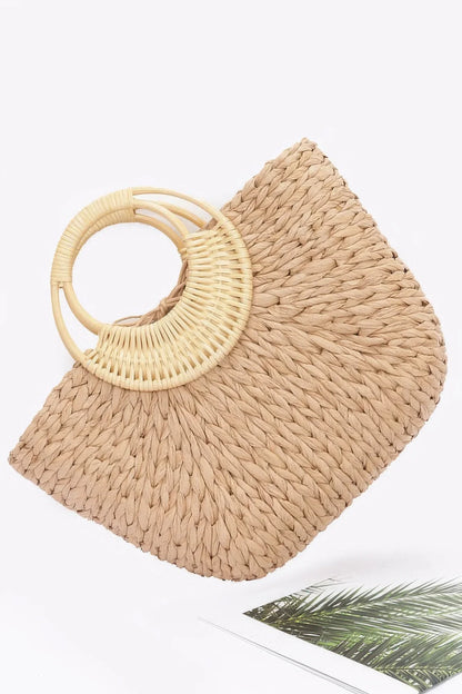 Faux Straw Bamboo Handle Tote Bag - minbolu -