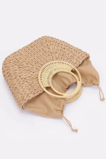 Faux Straw Bamboo Handle Tote Bag - minbolu -