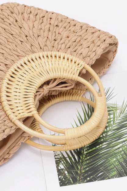 Faux Straw Bamboo Handle Tote Bag - minbolu -