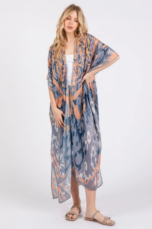 Boho Print Open Front Long Kimono - minbolu -